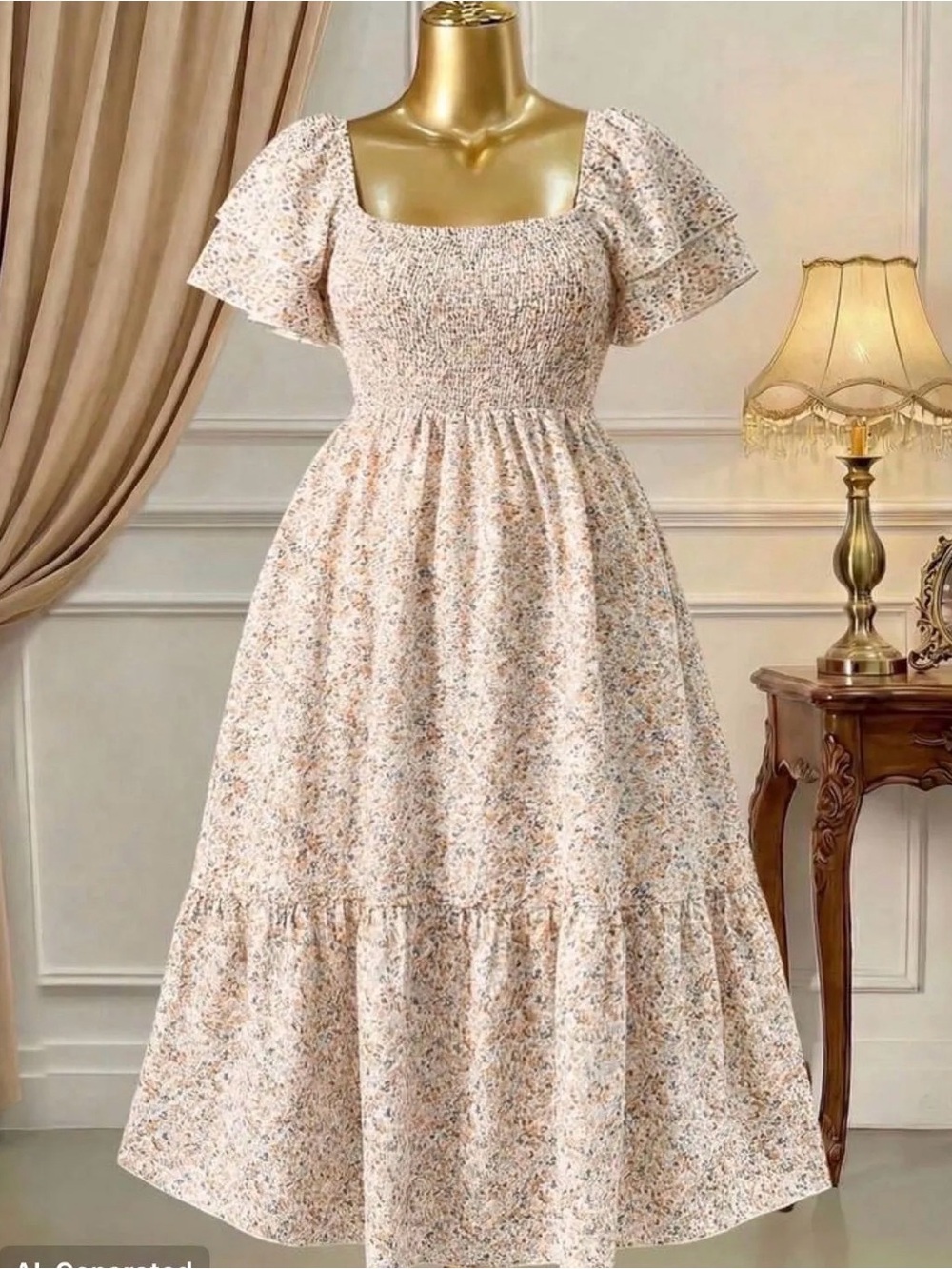 SHEIN Cream Floral Smocked Maxi Dress